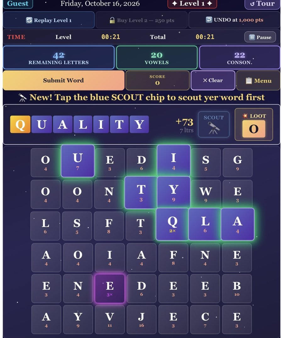 A LetterLoot board with the word QUALITY spelled for 73 points
